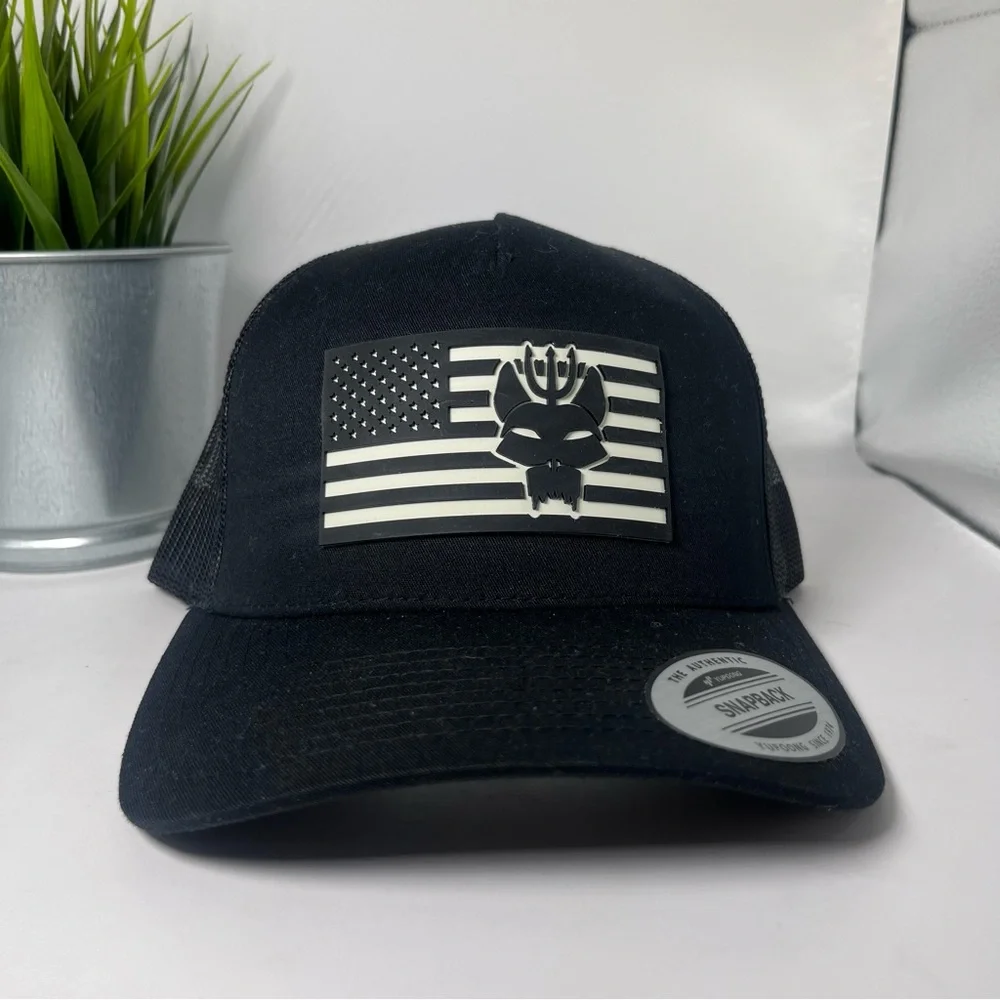 Yupoong Snapback Mesh Trucker Hat Flag Design & Navy Seal‎ Logo Black & White